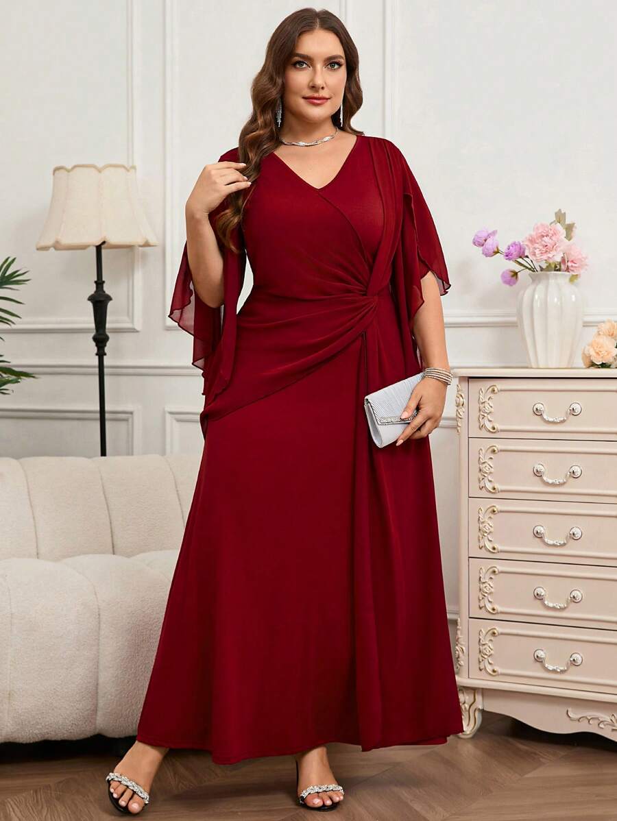 SHEIN Reflora فستان أحمر طويل للمقاسات الكبيرة بأكمام كشكشة