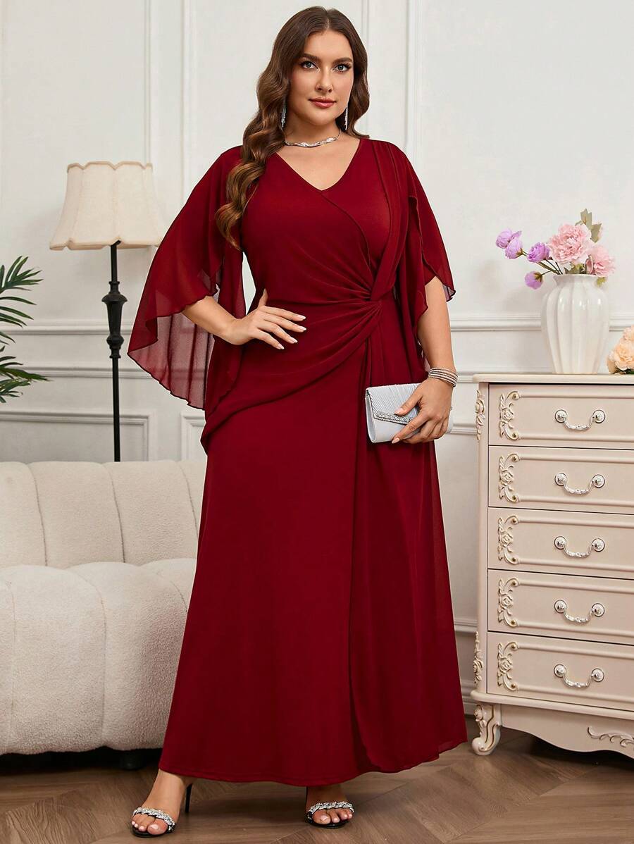 SHEIN Reflora فستان أحمر طويل للمقاسات الكبيرة بأكمام كشكشة