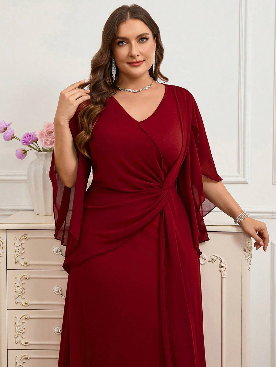SHEIN Reflora فستان أحمر طويل للمقاسات الكبيرة بأكمام كشكشة