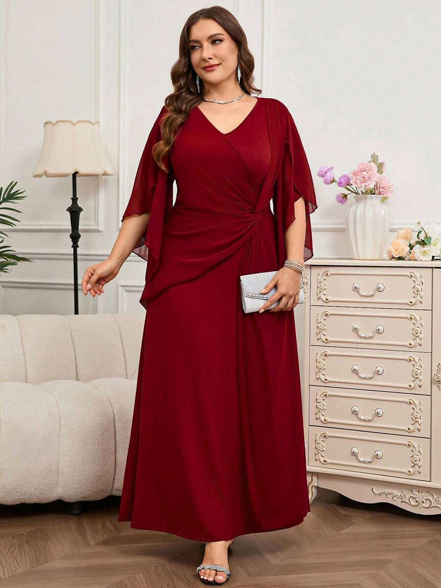 SHEIN Reflora فستان أحمر طويل للمقاسات الكبيرة بأكمام كشكشة