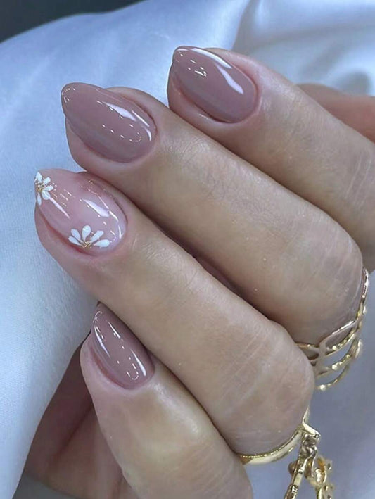 SHEIN أظافر 24 قطعة لوز قصيرة بتصميم فرنسي بسيط مع زهور صغيرة