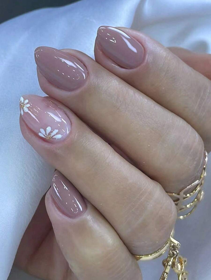 SHEIN أظافر 24 قطعة لوز قصيرة بتصميم فرنسي بسيط مع زهور صغيرة