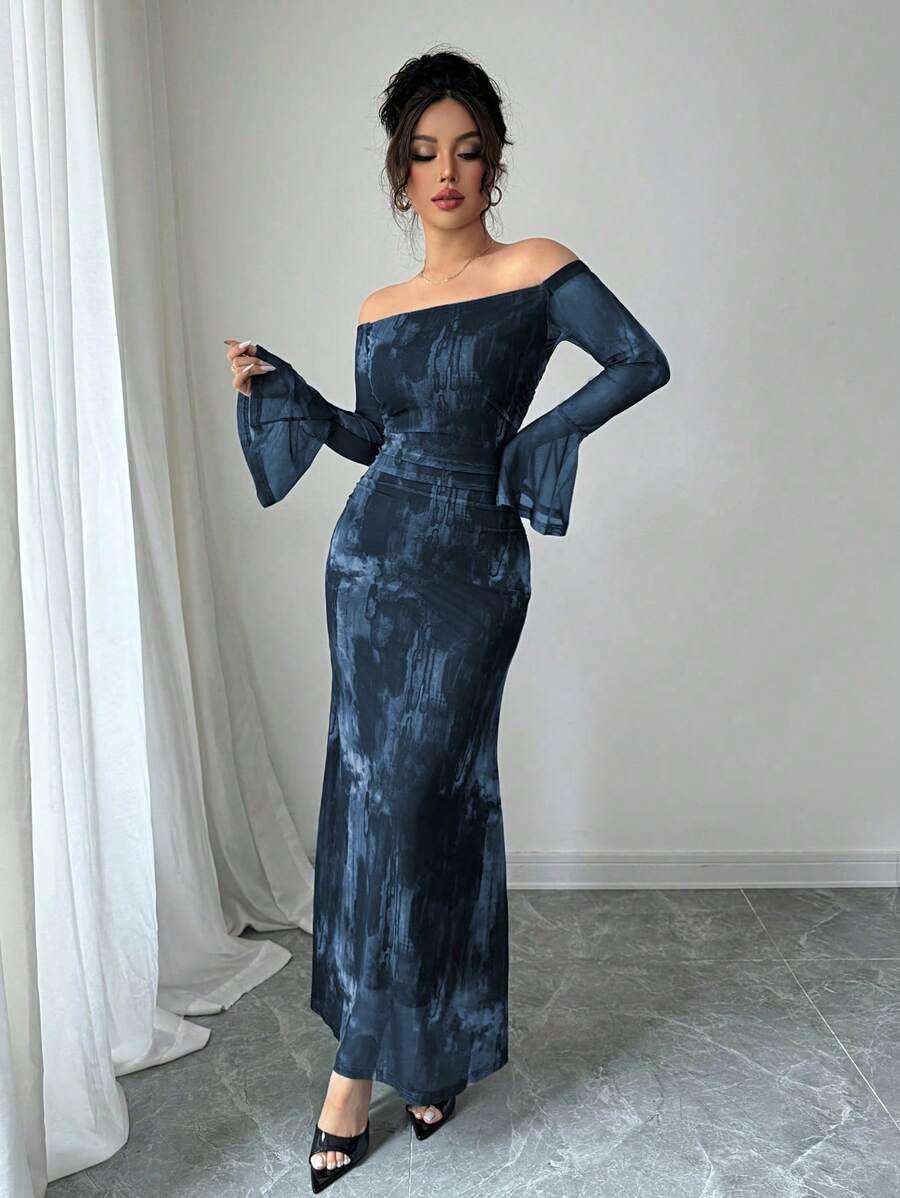 SHEIN Modelyn فستان مكشوف الأكتاف بطباعة شبكية وذيل حورية البحر