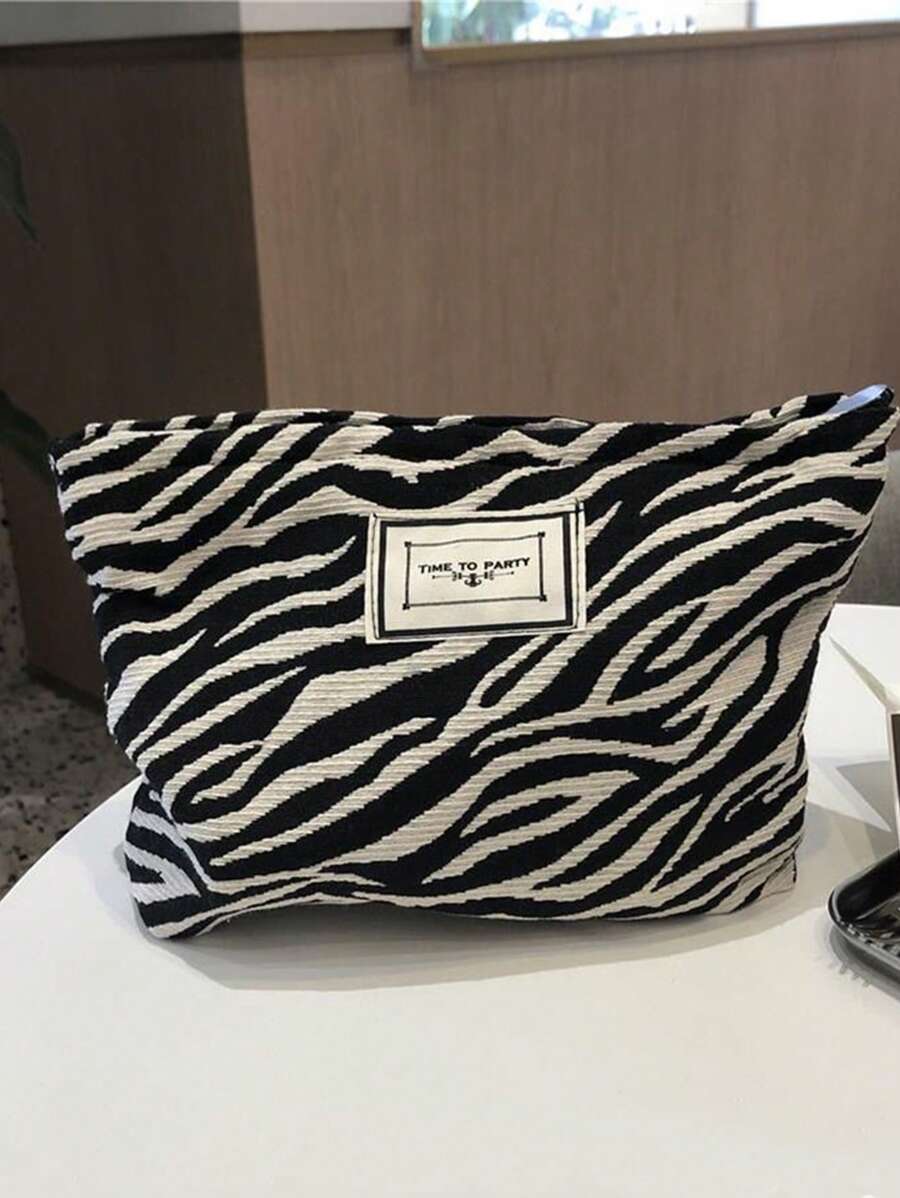 SHEIN حقيبة مكياج نسائية محمولة بنمط زيبرا (أسود)