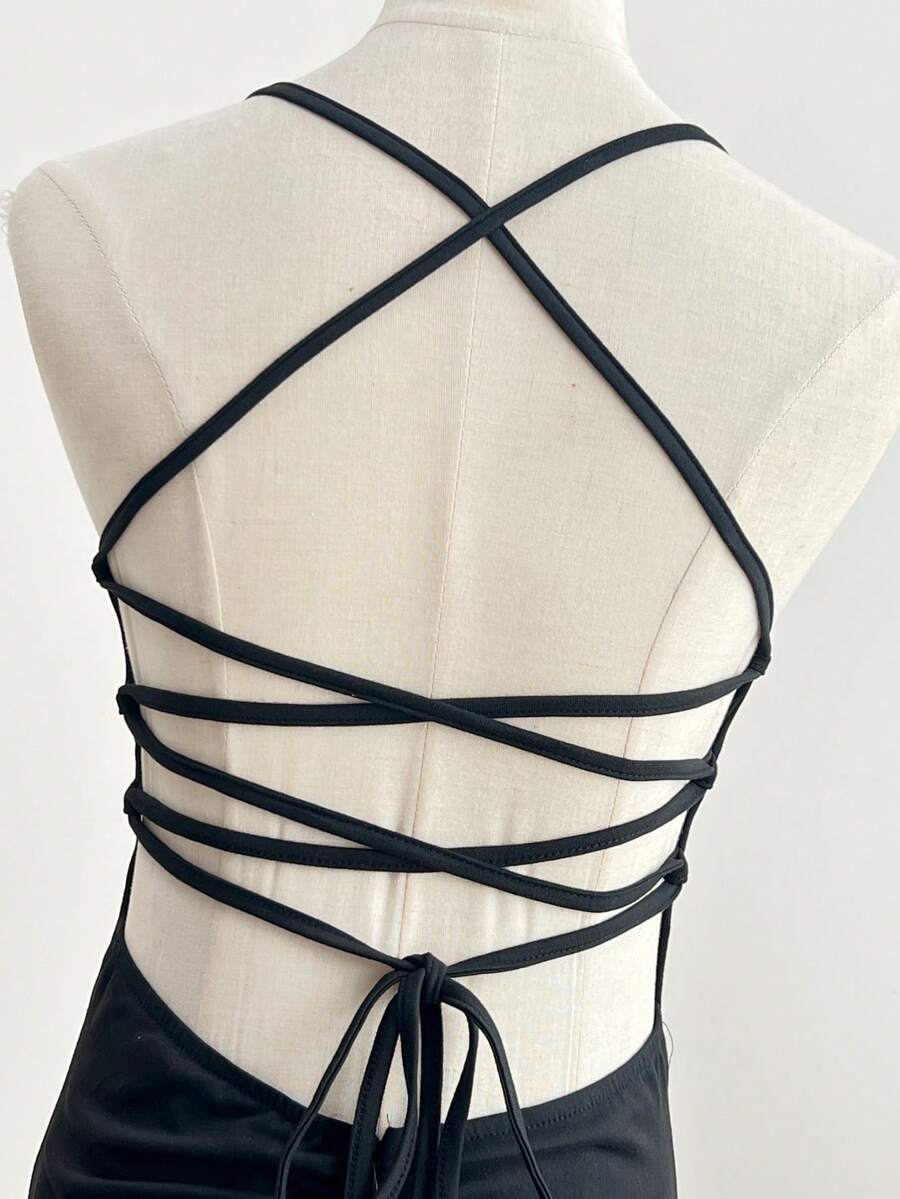 SHEIN فستان سليب أسود أنيق بأربطة ظهر وشق جانبي