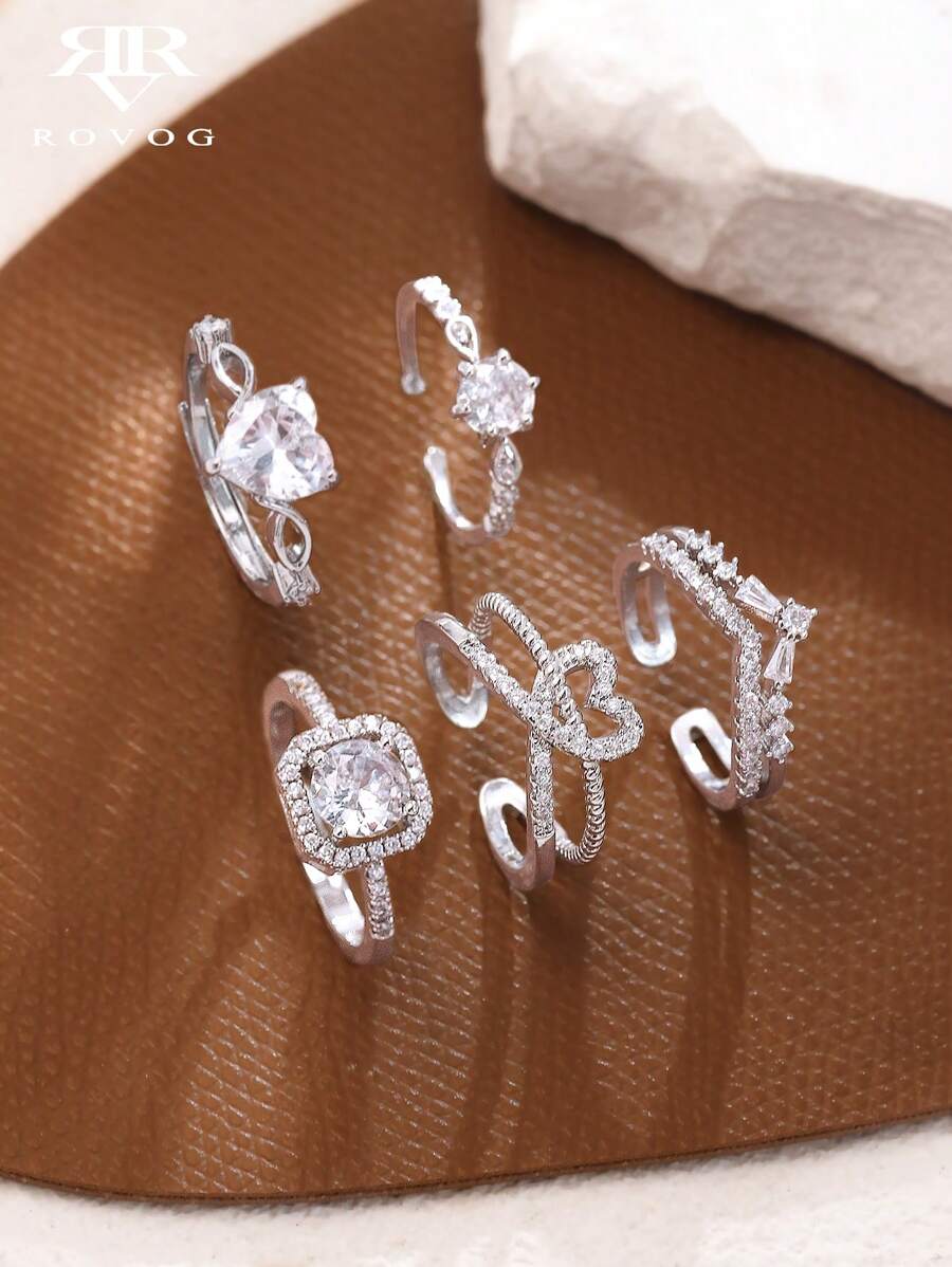 SHEIN طقم 5 خواتم باشكال متنوعة من النحاس مصنوع من الزركونيا
