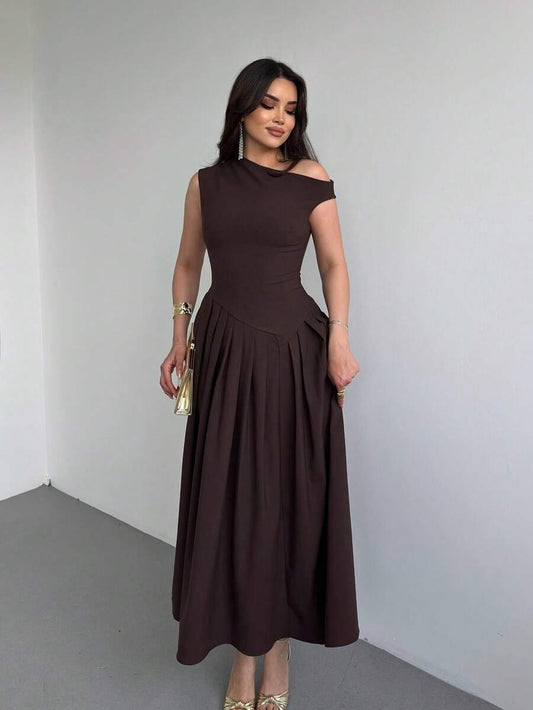 SHEIN فستان بني بتنورة مكشكشة من قماش مضفر
