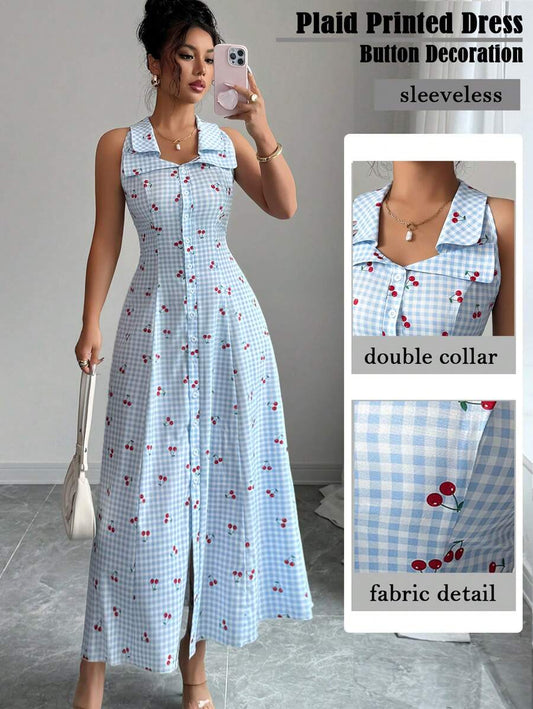 SHEIN Elenzga فستان أزرق مخطط بدون أكمام بخصر مربوط