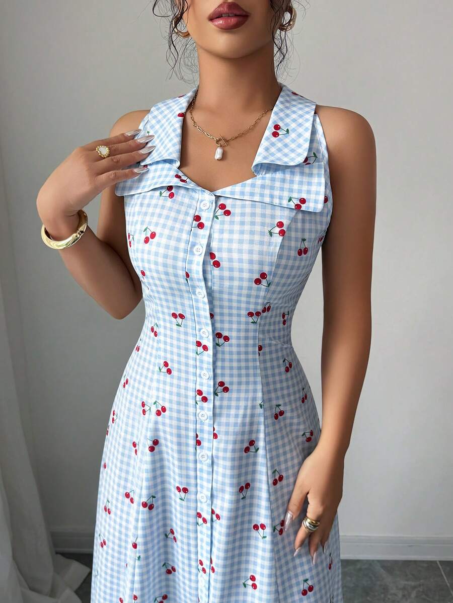 SHEIN Elenzga فستان أزرق مخطط بدون أكمام بخصر مربوط