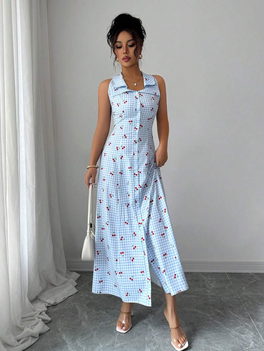 SHEIN Elenzga فستان أزرق مخطط بدون أكمام بخصر مربوط