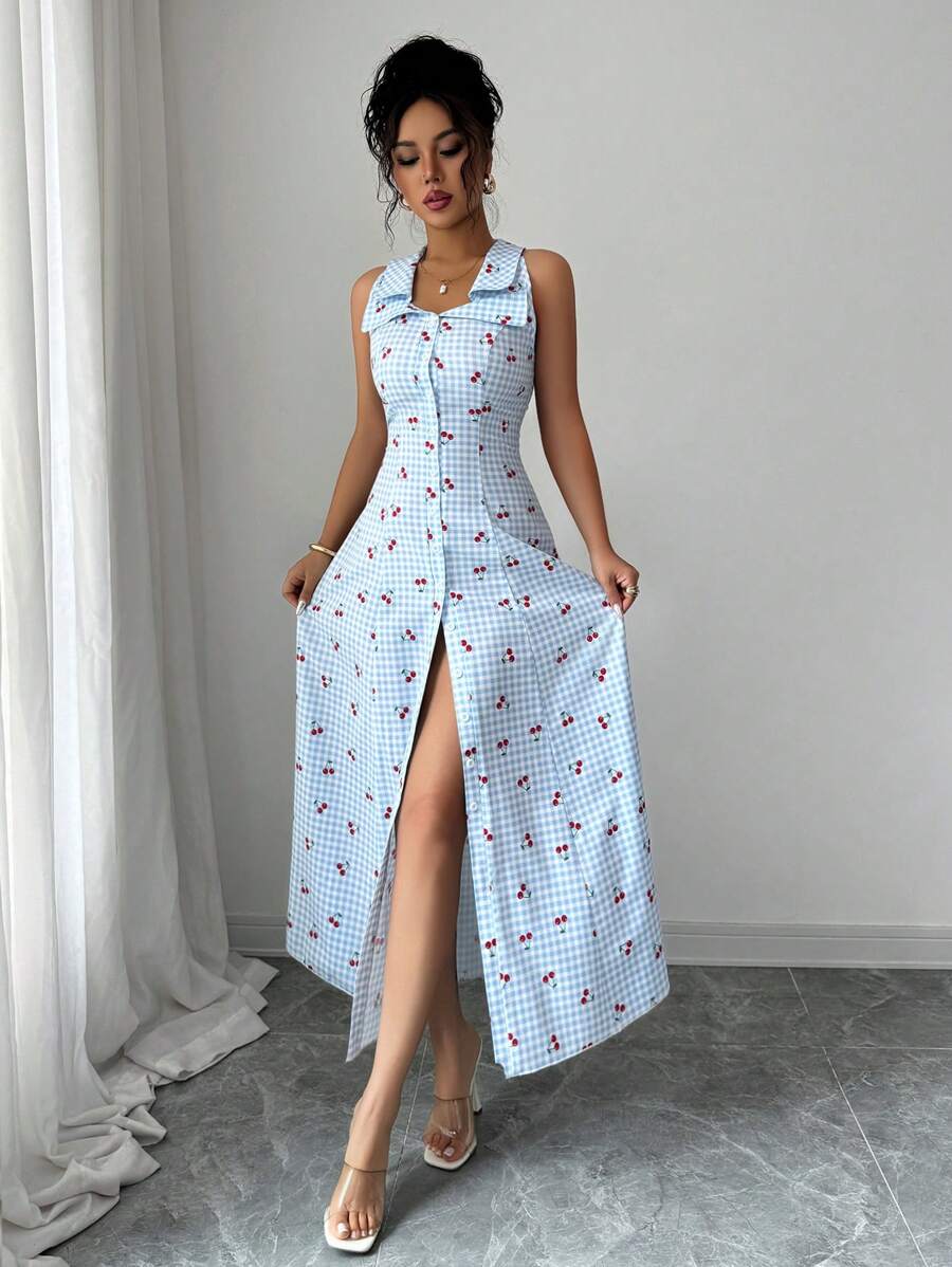 SHEIN Elenzga فستان أزرق مخطط بدون أكمام بخصر مربوط