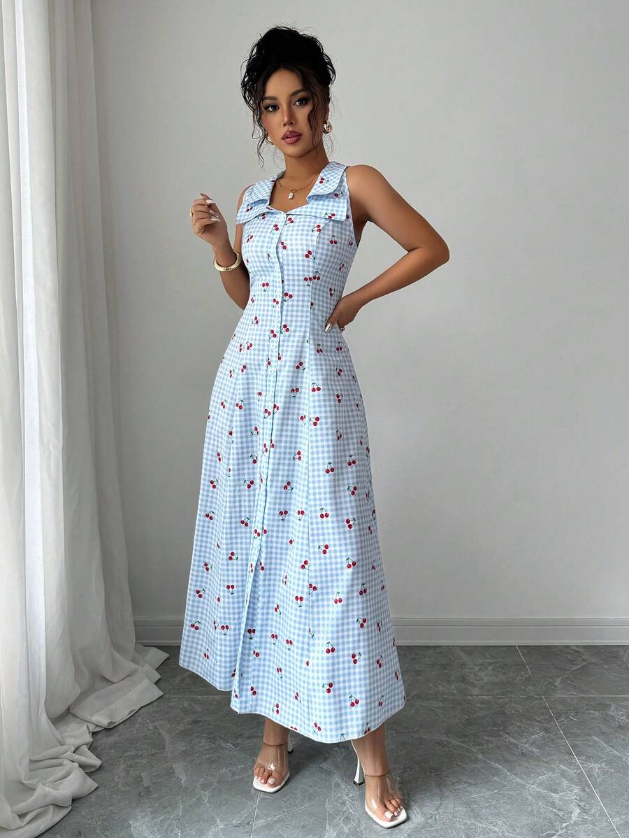 SHEIN Elenzga فستان أزرق مخطط بدون أكمام بخصر مربوط