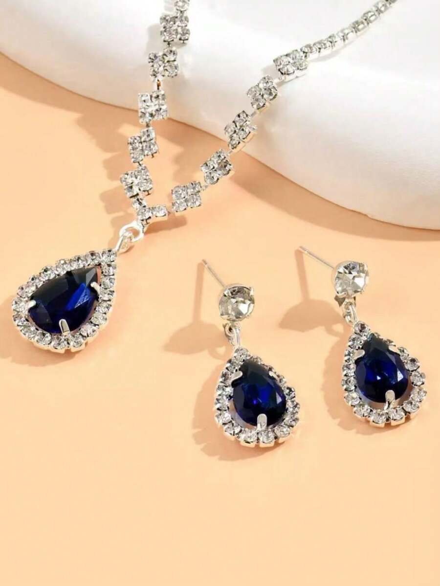 SHEIN طقم عقد وأقراط قطرة دموع زرقاء عتيق