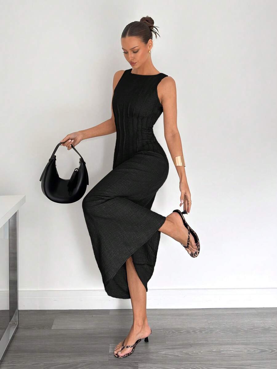 SHEIN Siren Gaze فستان أسود طويل بخصر ضيق أنيق