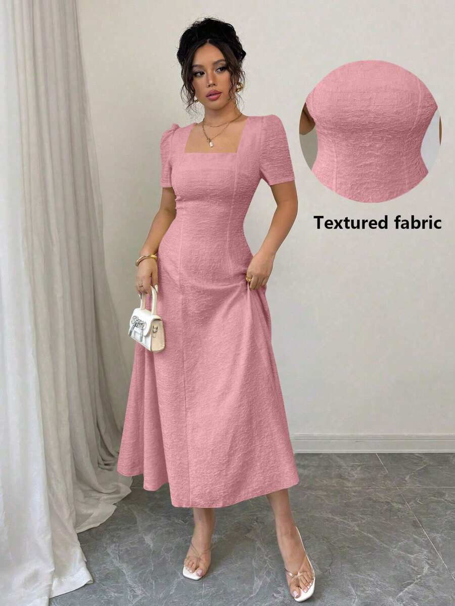 SHEIN Rafferiza فستان ماكسي وردي برقبة مربعة وخصر مربوط