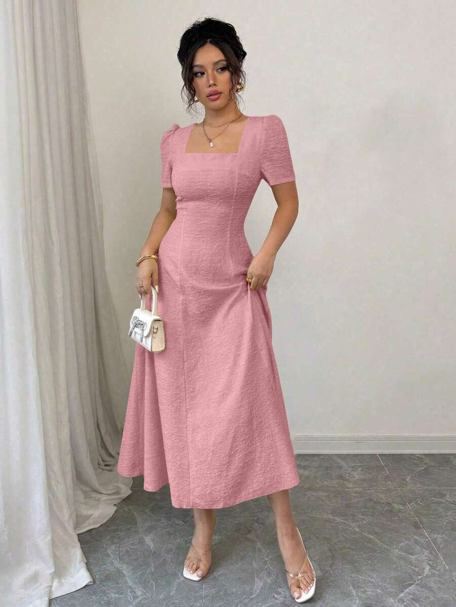 SHEIN Rafferiza فستان ماكسي وردي برقبة مربعة وخصر مربوط