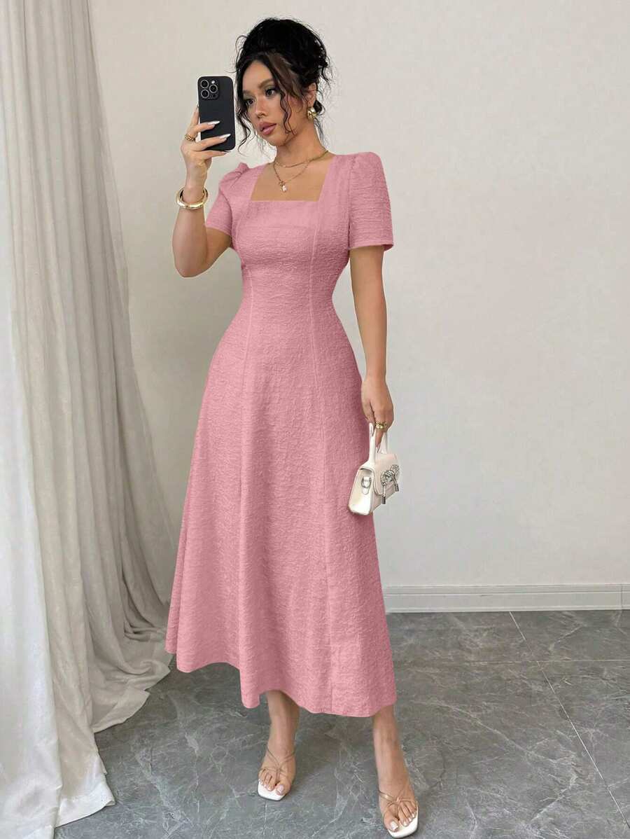 SHEIN Rafferiza فستان ماكسي وردي برقبة مربعة وخصر مربوط