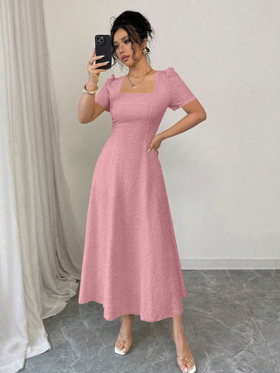 SHEIN Rafferiza فستان ماكسي وردي برقبة مربعة وخصر مربوط