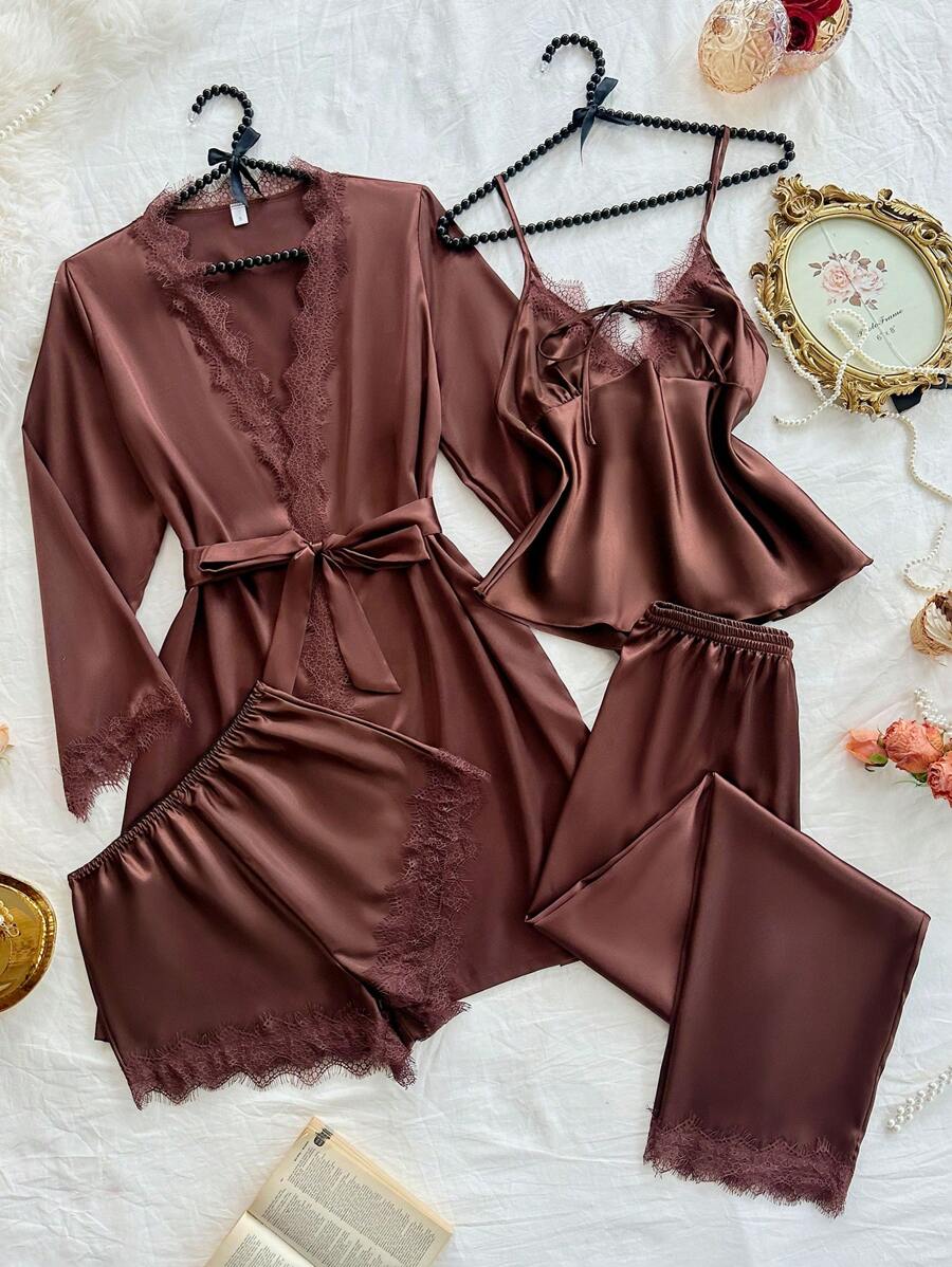 SilkySpell طقم بيجامة 4 قطع توب دانتيل وشورت وبنطلون وروب