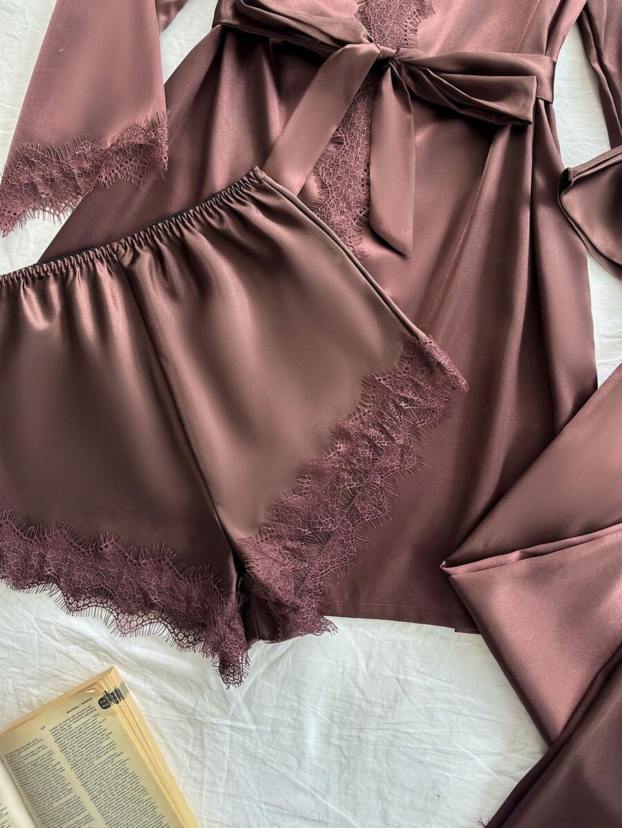 SilkySpell طقم بيجامة 4 قطع توب دانتيل وشورت وبنطلون وروب