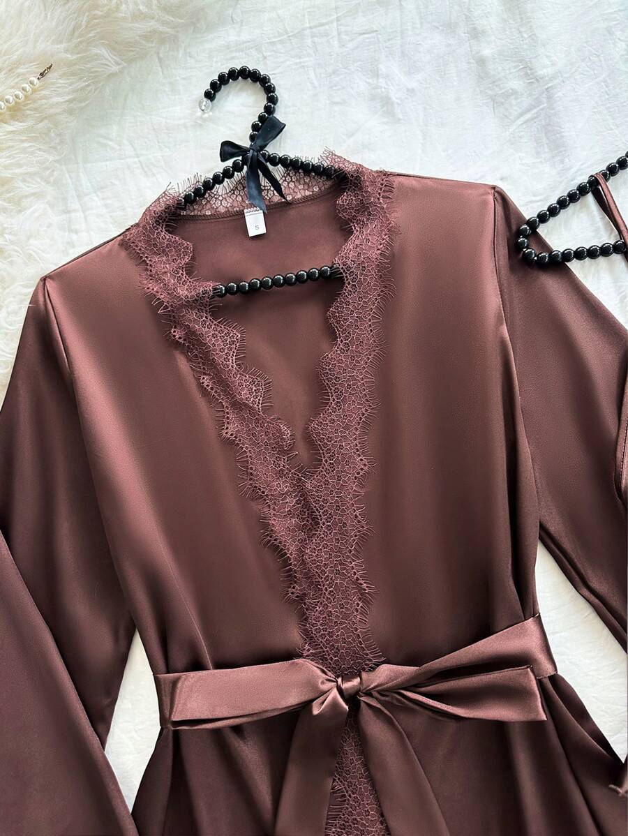 SilkySpell طقم بيجامة 4 قطع توب دانتيل وشورت وبنطلون وروب