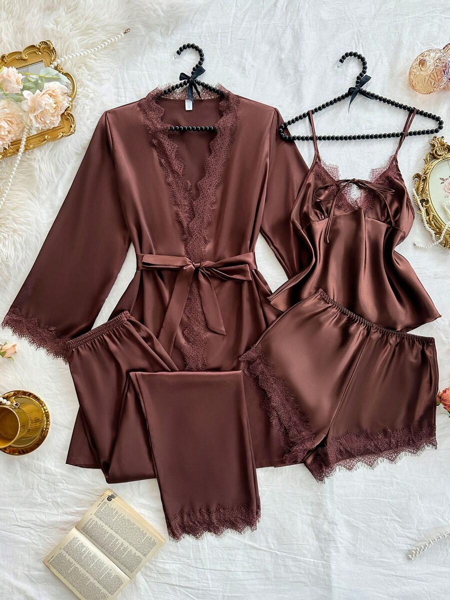 SilkySpell طقم بيجامة 4 قطع توب دانتيل وشورت وبنطلون وروب