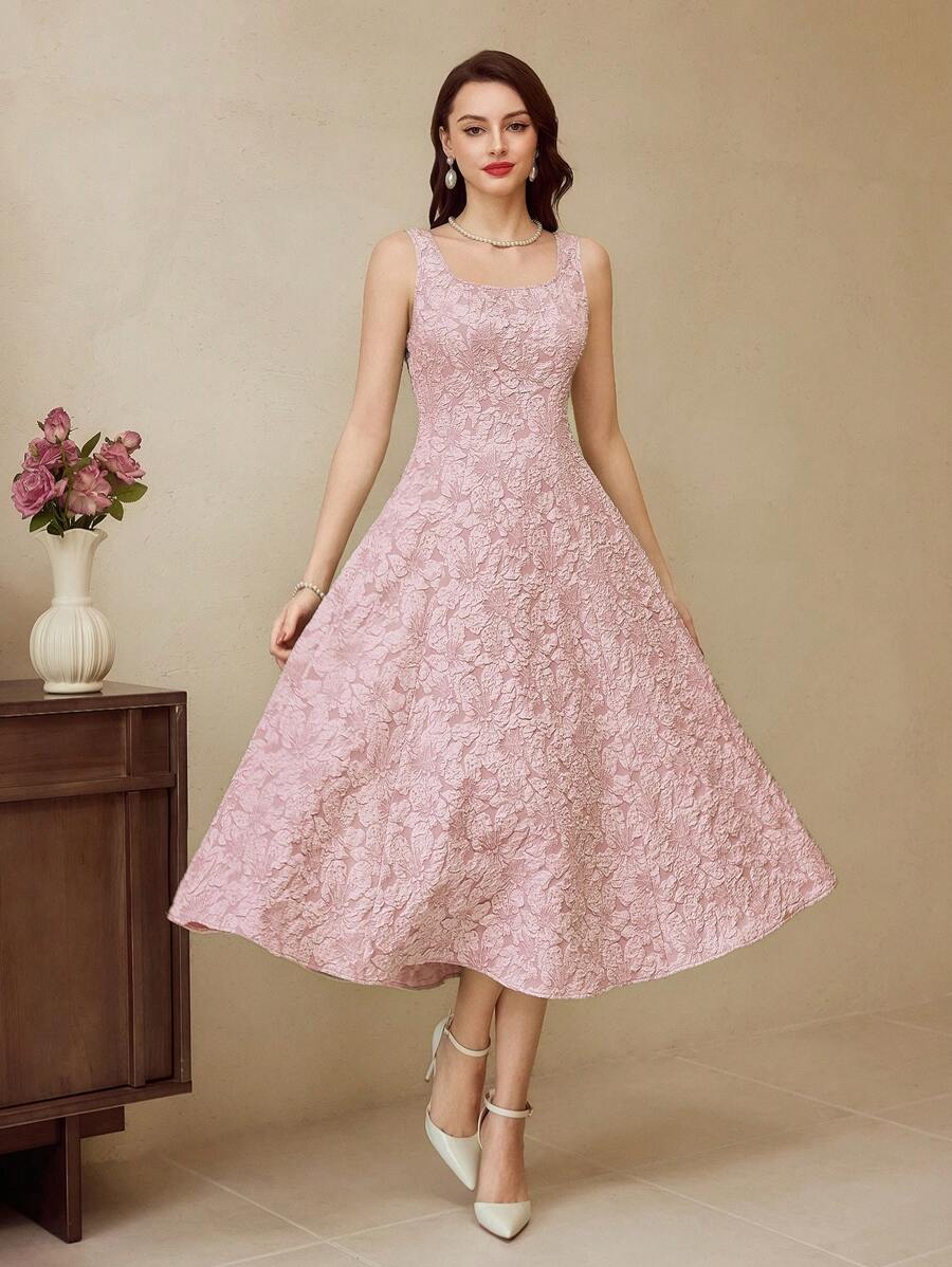 SHEIN Vintamour فستان جاكار بنقشة زهور باللون الوردي