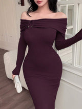 SHEIN Feyla فستان ارجواني طويل الأكمام بدون أكتاف