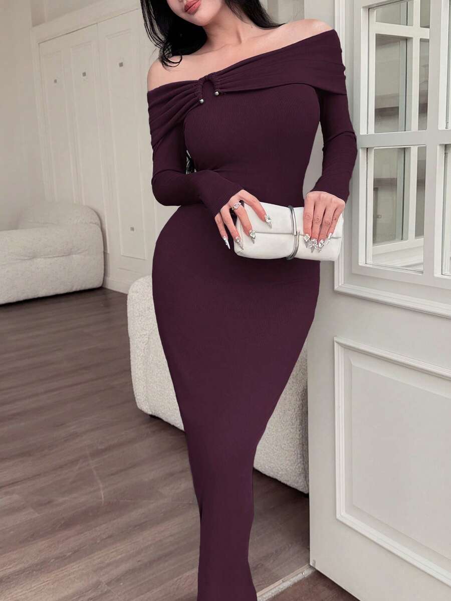 SHEIN Feyla فستان ارجواني طويل الأكمام بدون أكتاف