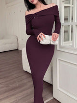 SHEIN Feyla فستان ارجواني طويل الأكمام بدون أكتاف