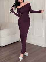 SHEIN Feyla فستان ارجواني طويل الأكمام بدون أكتاف