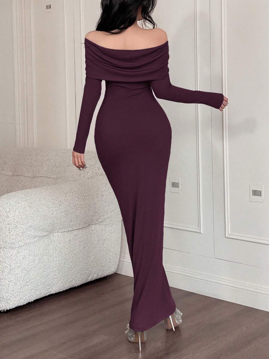 SHEIN Feyla فستان ارجواني طويل الأكمام بدون أكتاف