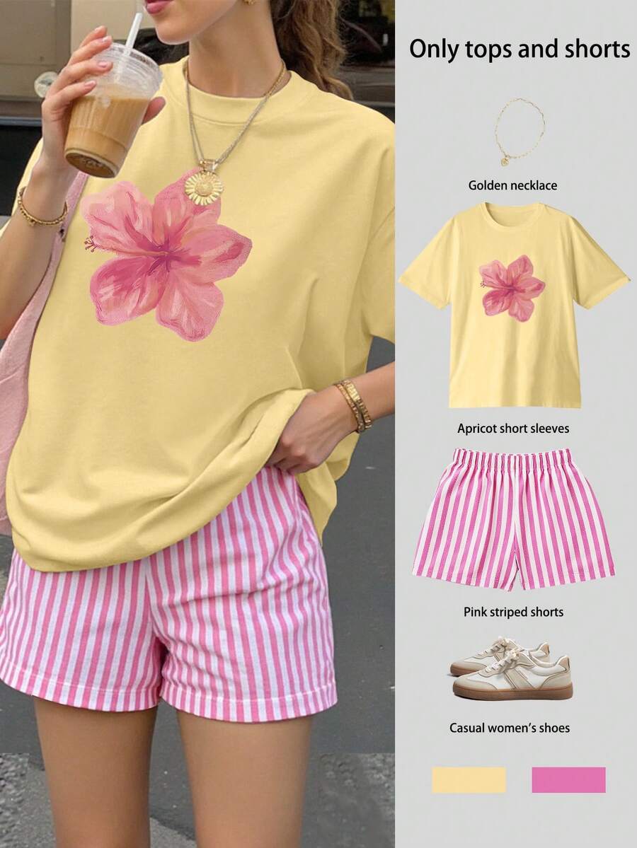 SHEIN طقم نسائي صيفي من قطعتين بتيشيرت أصفر وشورت مخطط