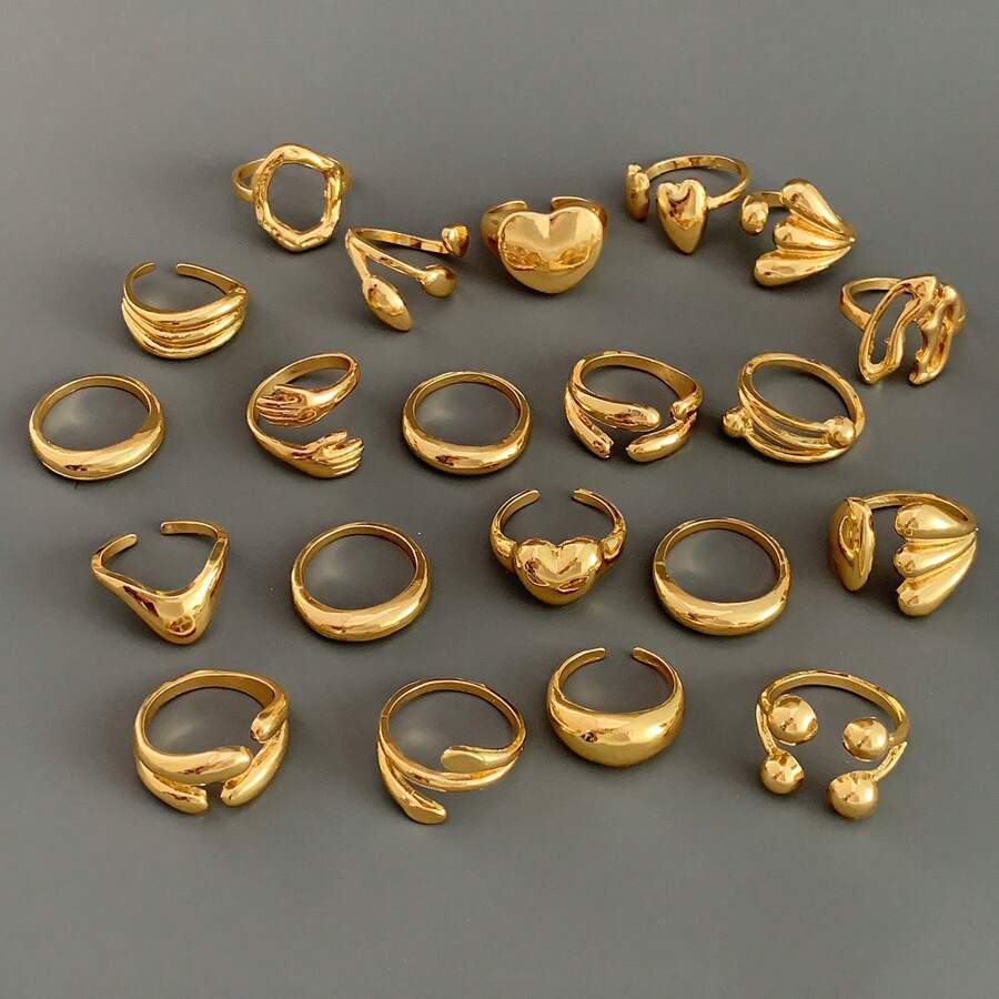 SHEIN طقم 10 خواتم ذهبية معدنية باشكال هندسية