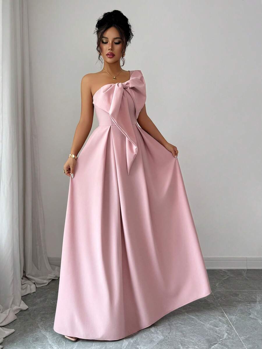 SHEIN ELENZGA فستان وردي أنيق بخصر عقدة منحرف التصميم وفيونكة