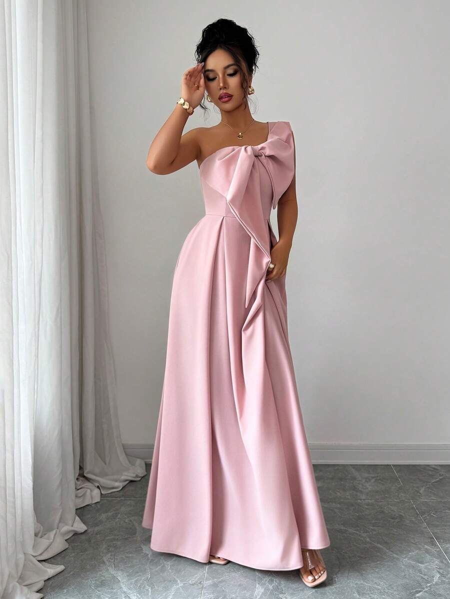 SHEIN ELENZGA فستان وردي أنيق بخصر عقدة منحرف التصميم وفيونكة