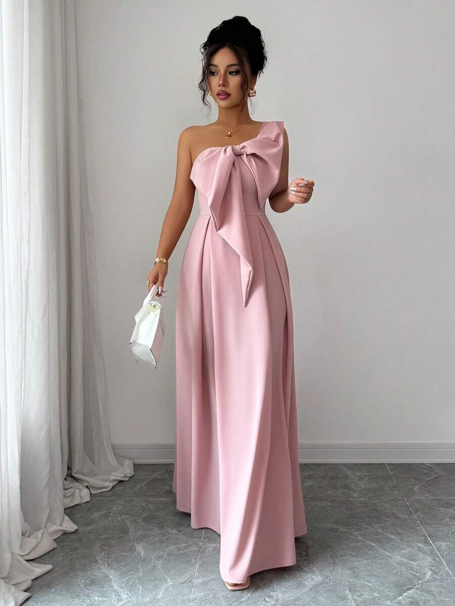 SHEIN ELENZGA فستان وردي أنيق بخصر عقدة منحرف التصميم وفيونكة