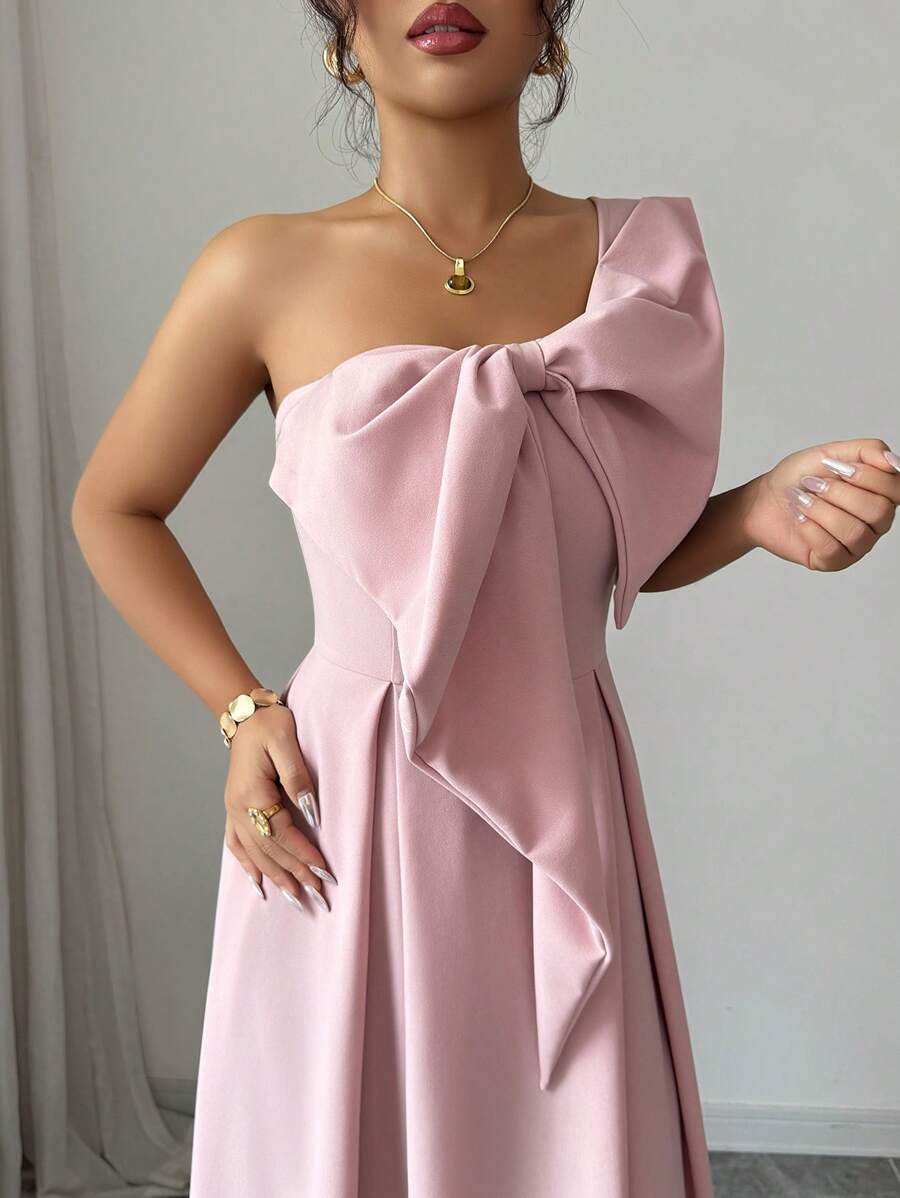 SHEIN ELENZGA فستان وردي أنيق بخصر عقدة منحرف التصميم وفيونكة