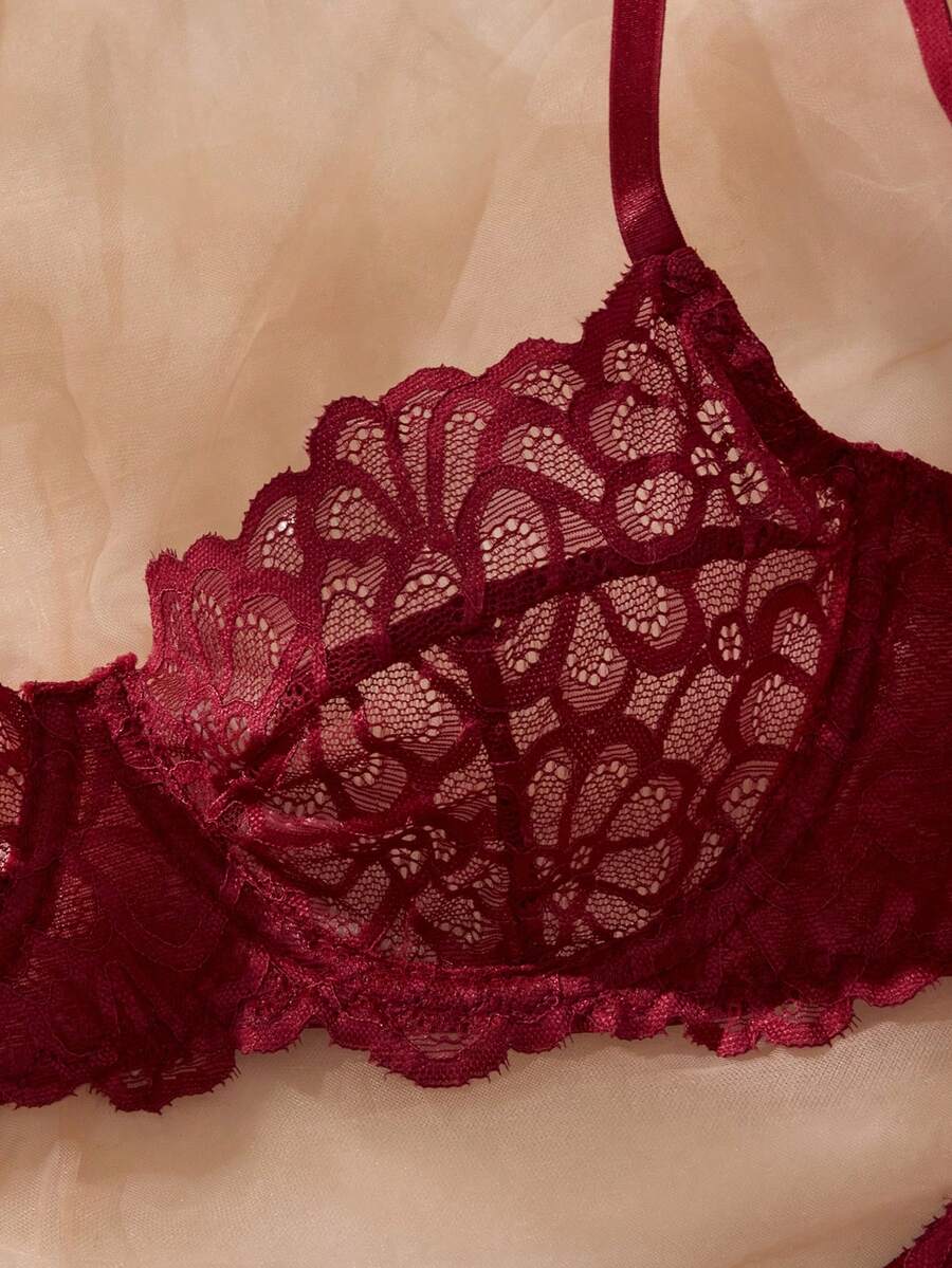 SHEIN طقم لانجري 2 قطعة من الدانتيل العنابي بنقشة زهرية