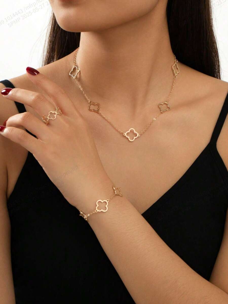 SHEIN طقم مجوهرات زهري قلادة وسوار وخاتم عصرية وكاجوال