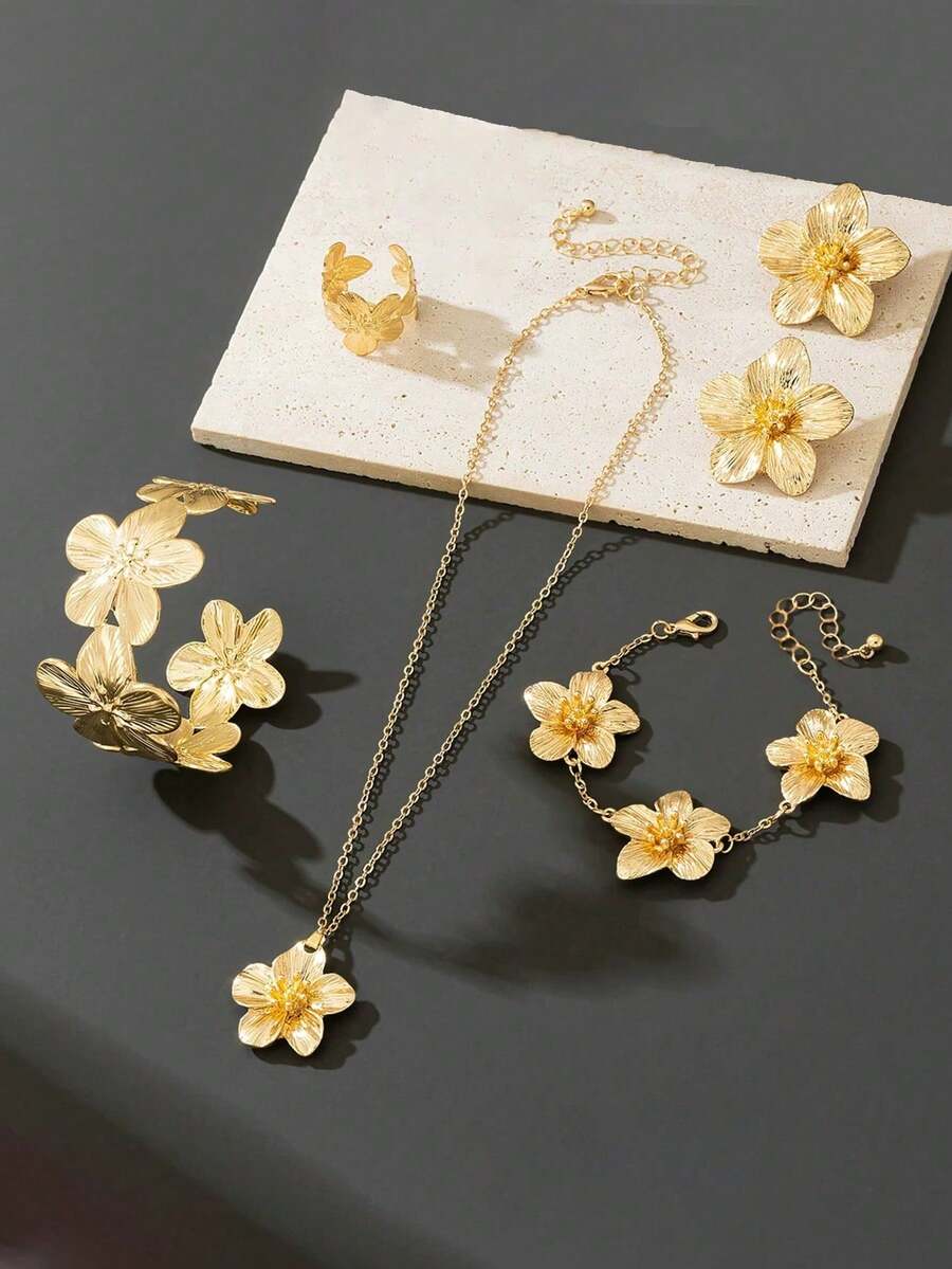 SHEIN طقم مجوهرات 6 قطع بتصميم زهرة 5 بتلات بطراز قديم