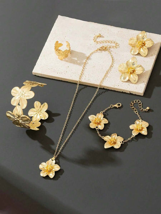 SHEIN طقم مجوهرات 6 قطع بتصميم زهرة 5 بتلات بطراز قديم