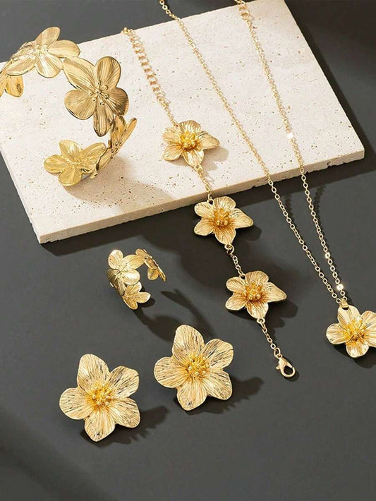 SHEIN طقم مجوهرات 6 قطع بتصميم زهرة 5 بتلات بطراز قديم