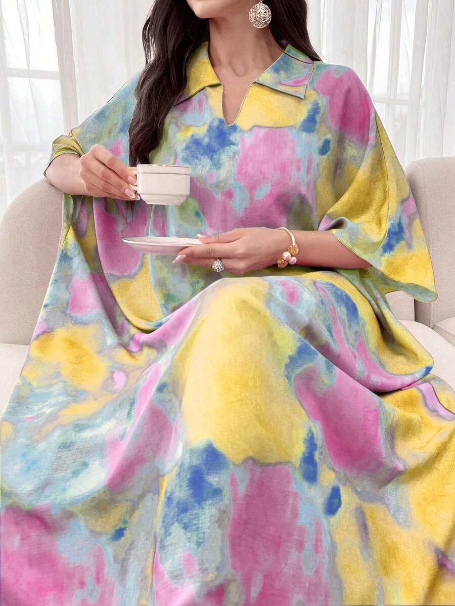 SHEIN Al Najma فستان بولو قصير الأكمام بتصميم تاي داي فضفاض