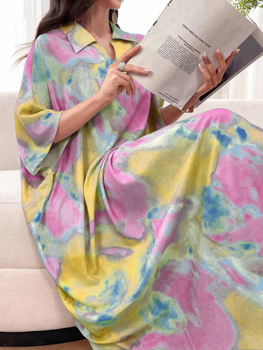 SHEIN Al Najma فستان بولو قصير الأكمام بتصميم تاي داي فضفاض