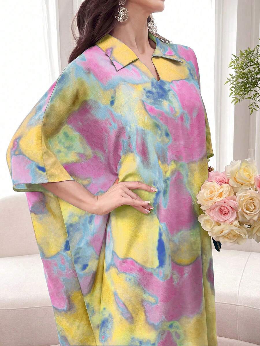 SHEIN Al Najma فستان بولو قصير الأكمام بتصميم تاي داي فضفاض