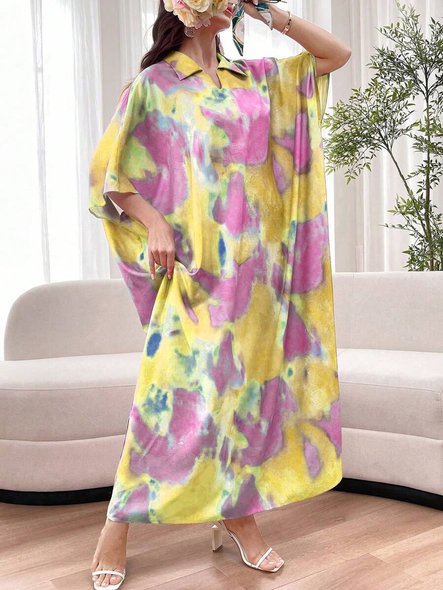SHEIN Al Najma فستان بولو قصير الأكمام بتصميم تاي داي فضفاض