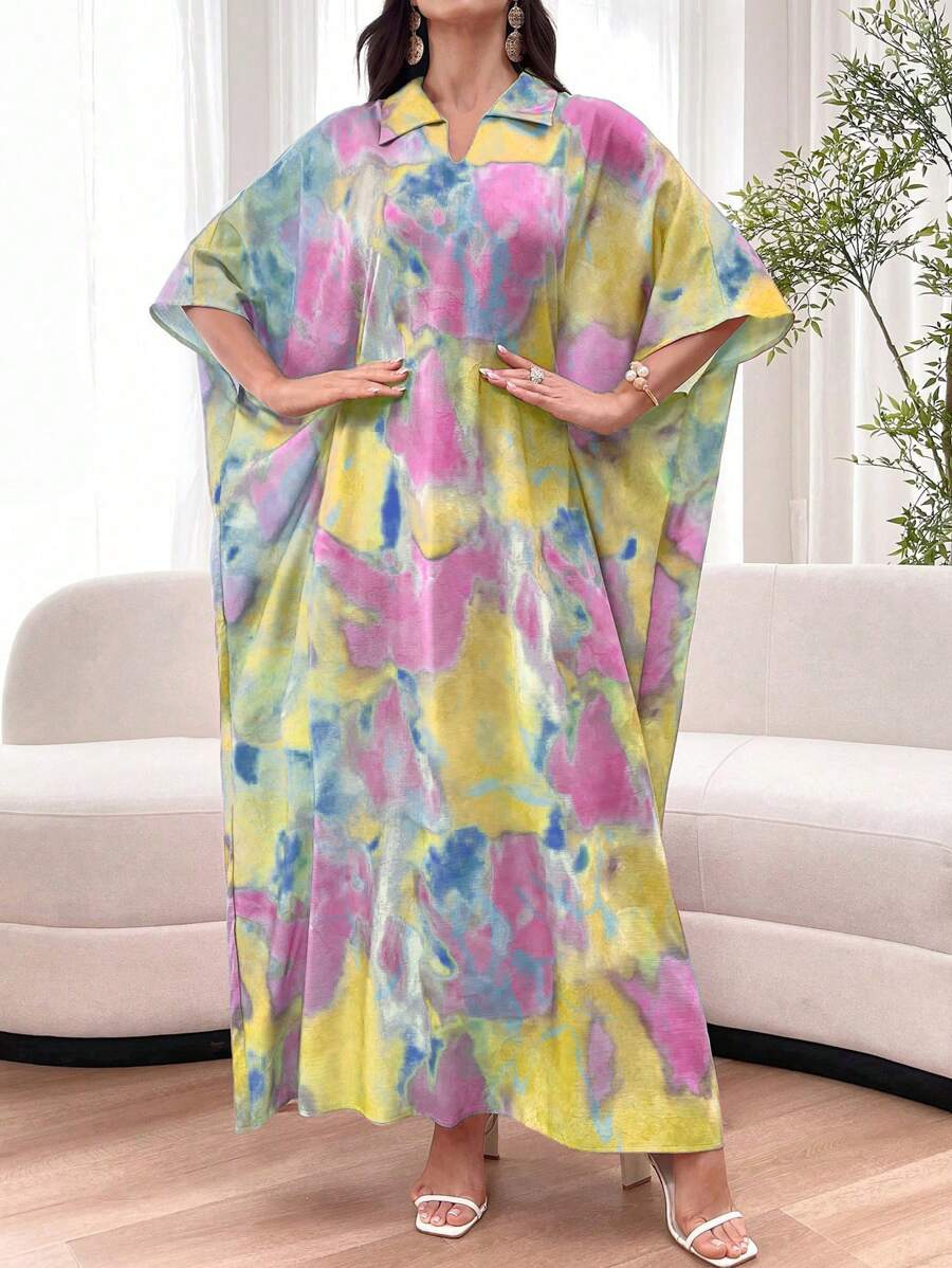 SHEIN Al Najma فستان بولو قصير الأكمام بتصميم تاي داي فضفاض