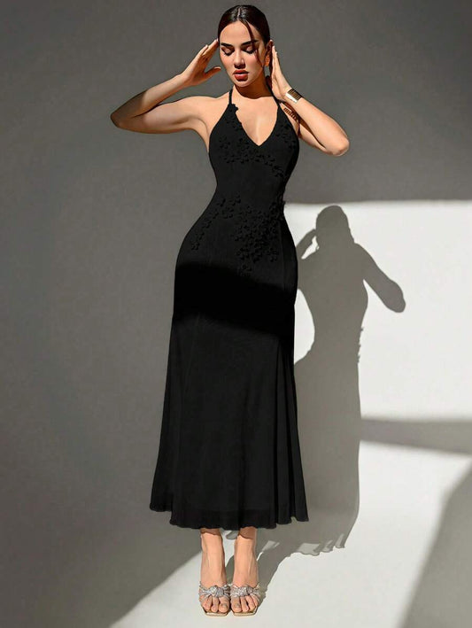 SHEIN Aloruh فستان اسود بياقة مربوطة وزهور