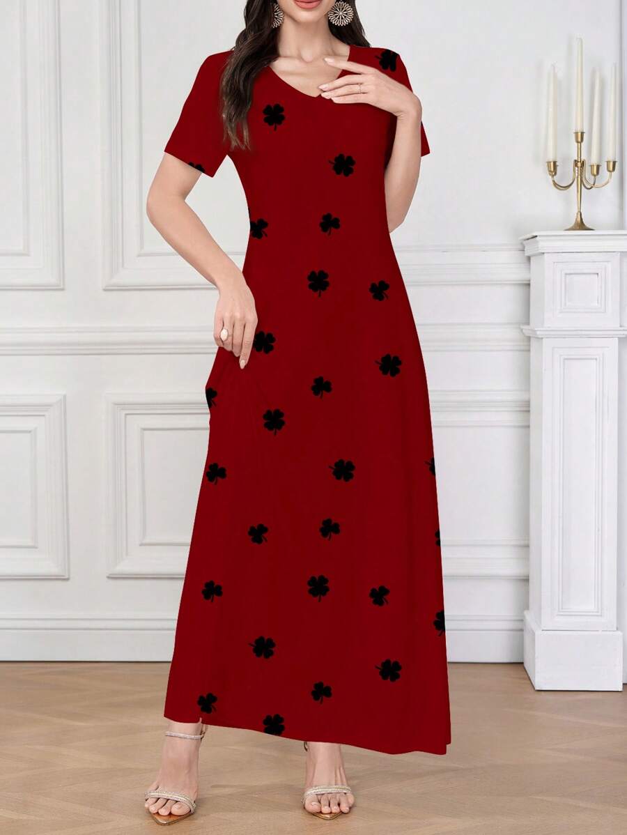 SHEIN Lacomfia فستان أحمر محبوك مطبوع قصير الأكمام بنقشة البرسيم